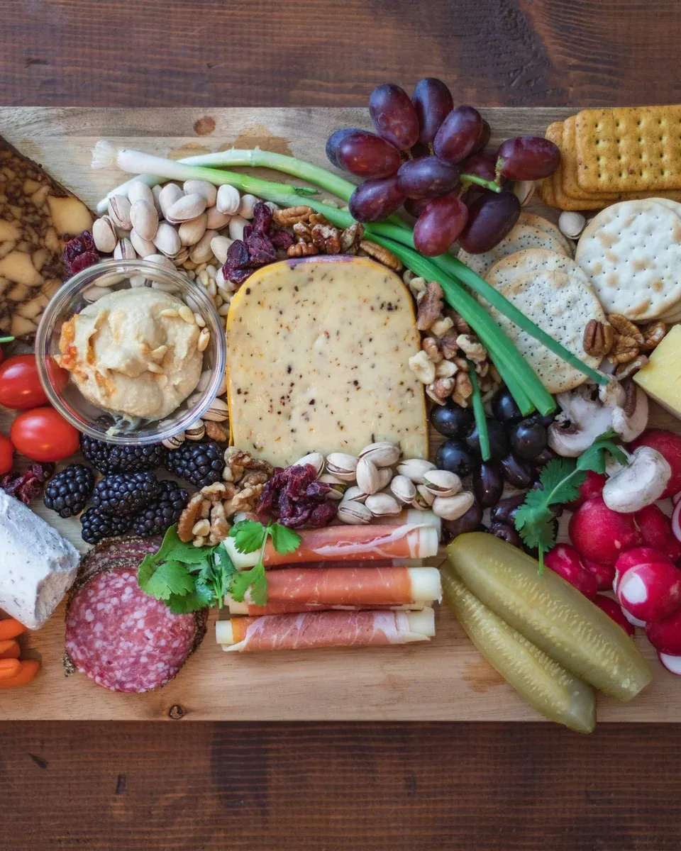 Rijk gevulde borrelplank met kazen, salami, rauwe ham, crackers, druiven en radijsjes op donker hout