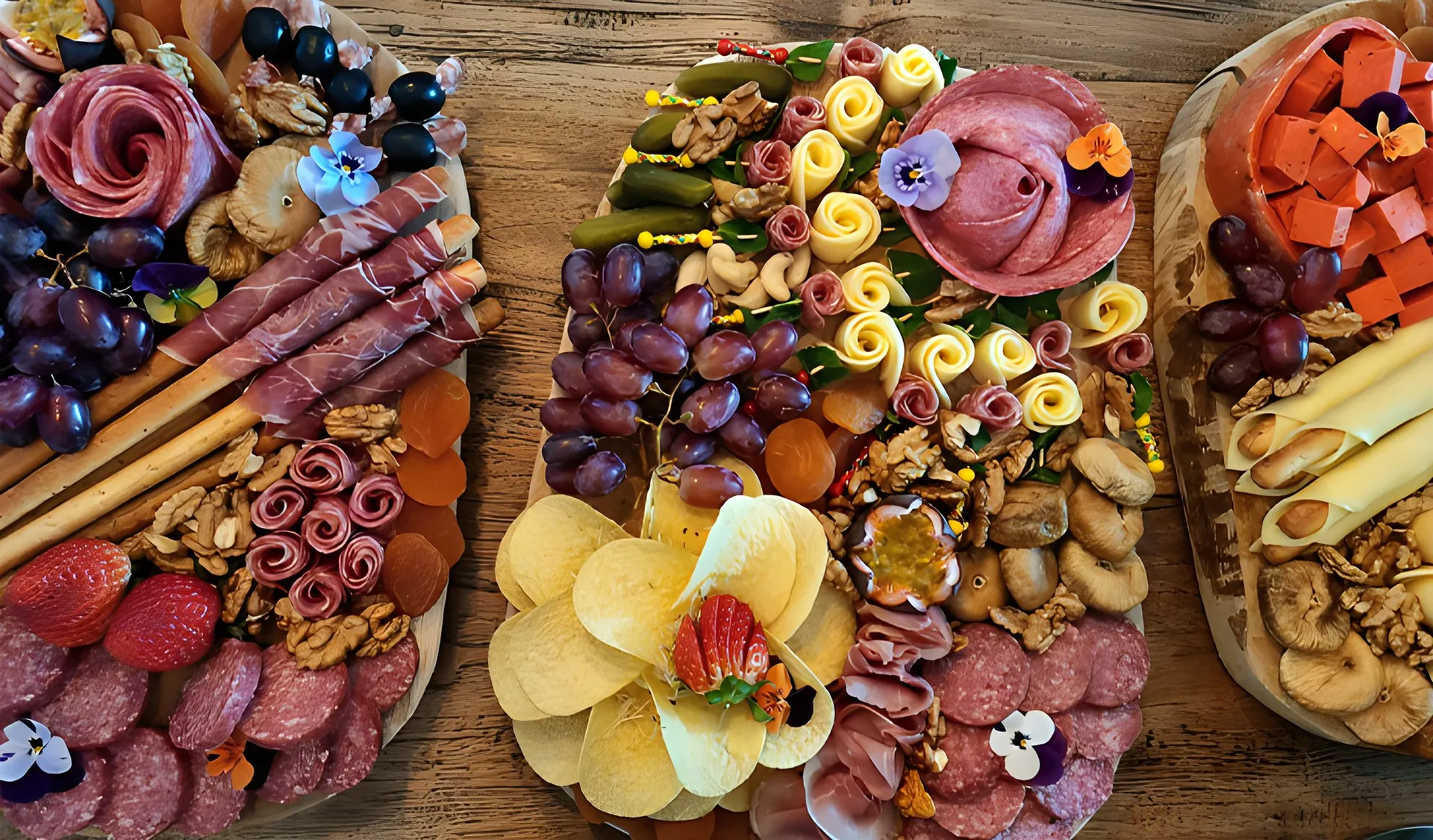 Drie borrelplanken met salamirozen, opgerolde kaas, druiven, noten en eetbare bloemen