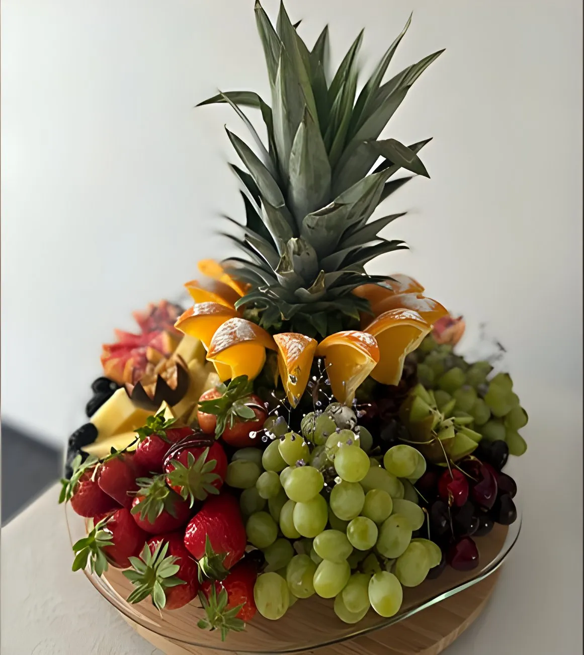 Fruittoren met een ananaskroon, sinaasappel, aardbeien en druiven