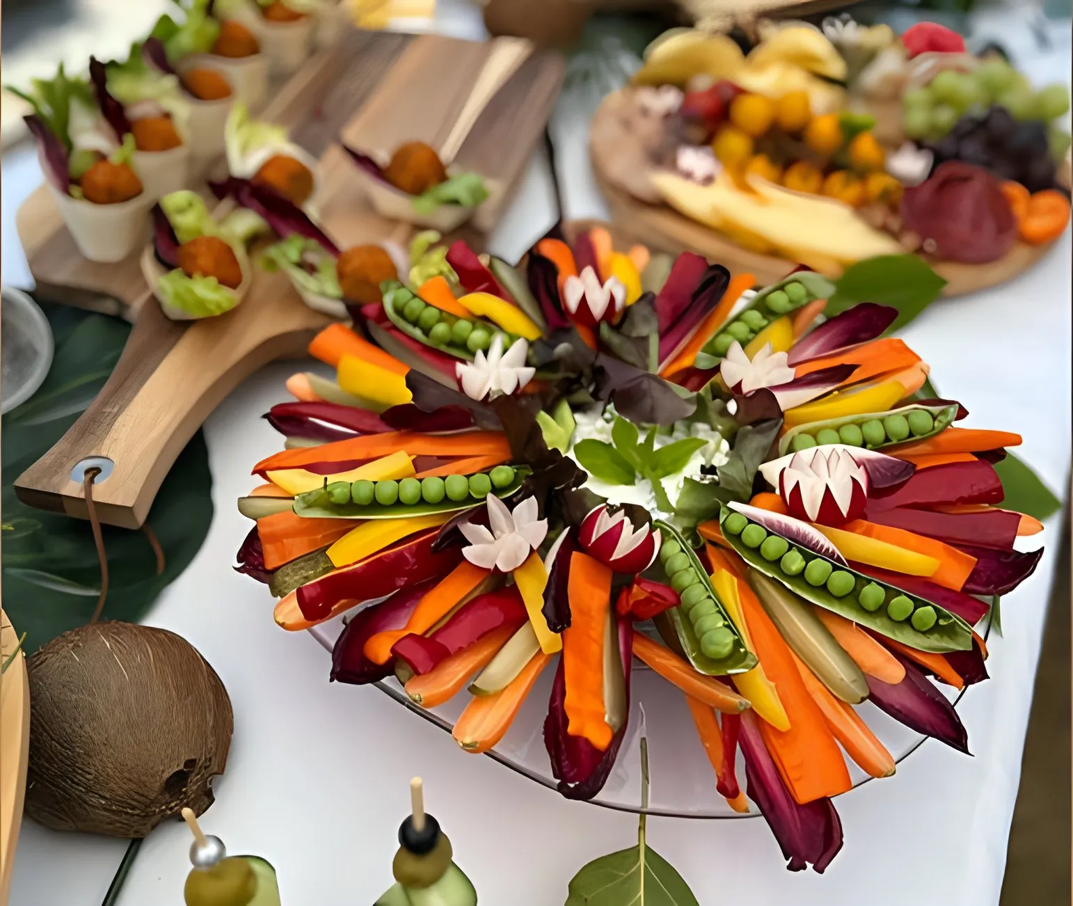 Groentewaaier met wortel, biet, paprika, peultjes en radijsbloemen