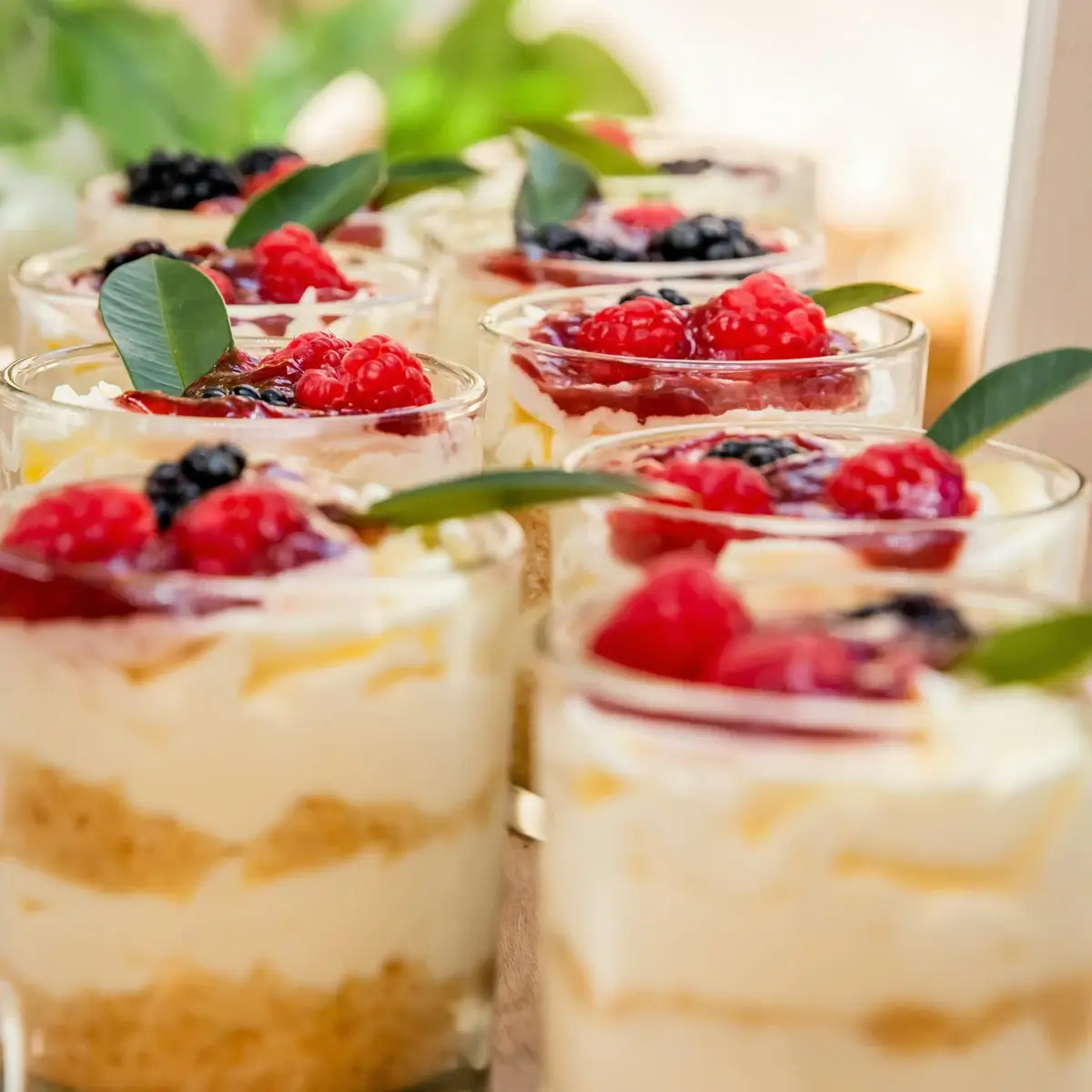 Desserts in glaasjes met room, frambozen en bessen