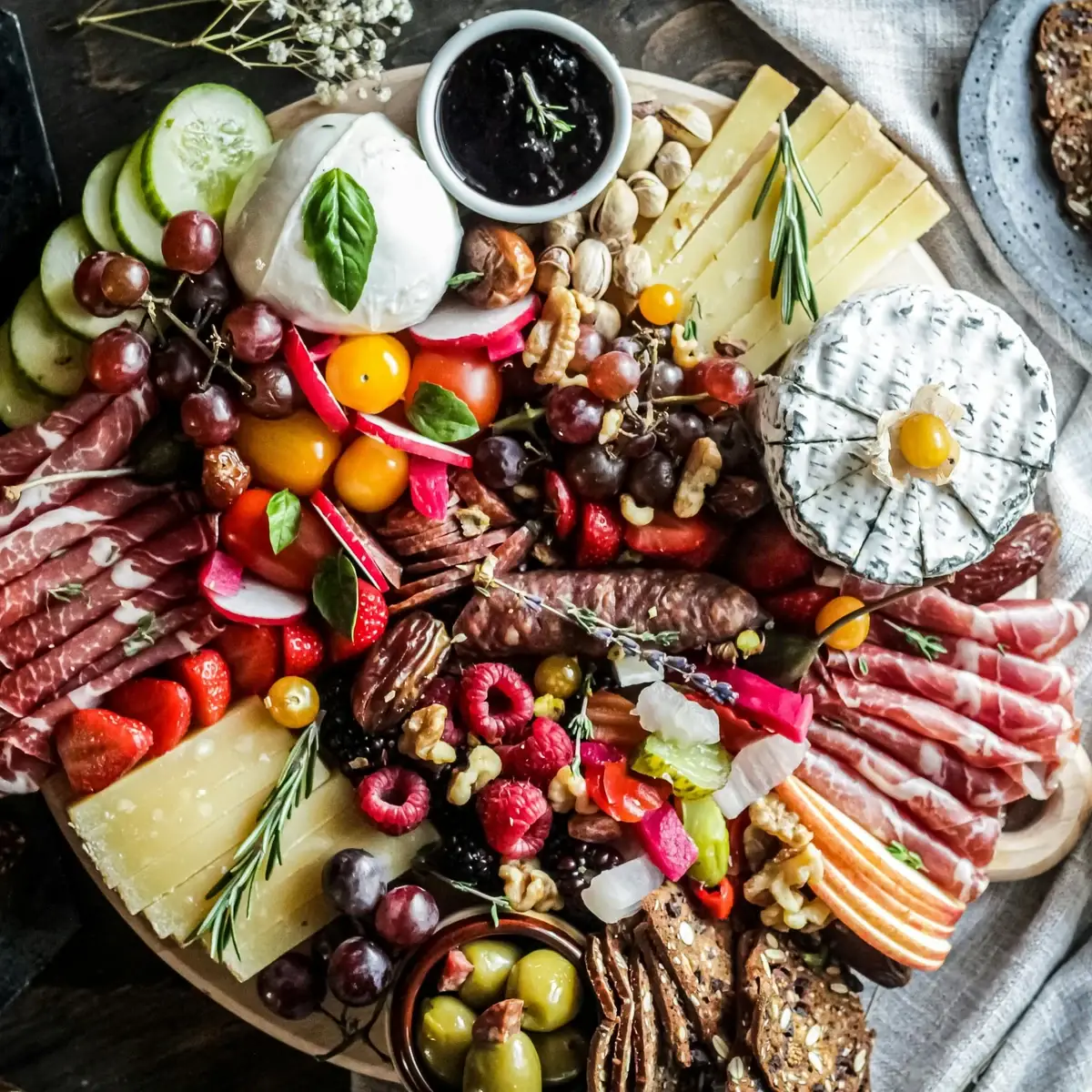 Rijk gevulde borrelplank met vleeswaren, kazen, fruit en noten