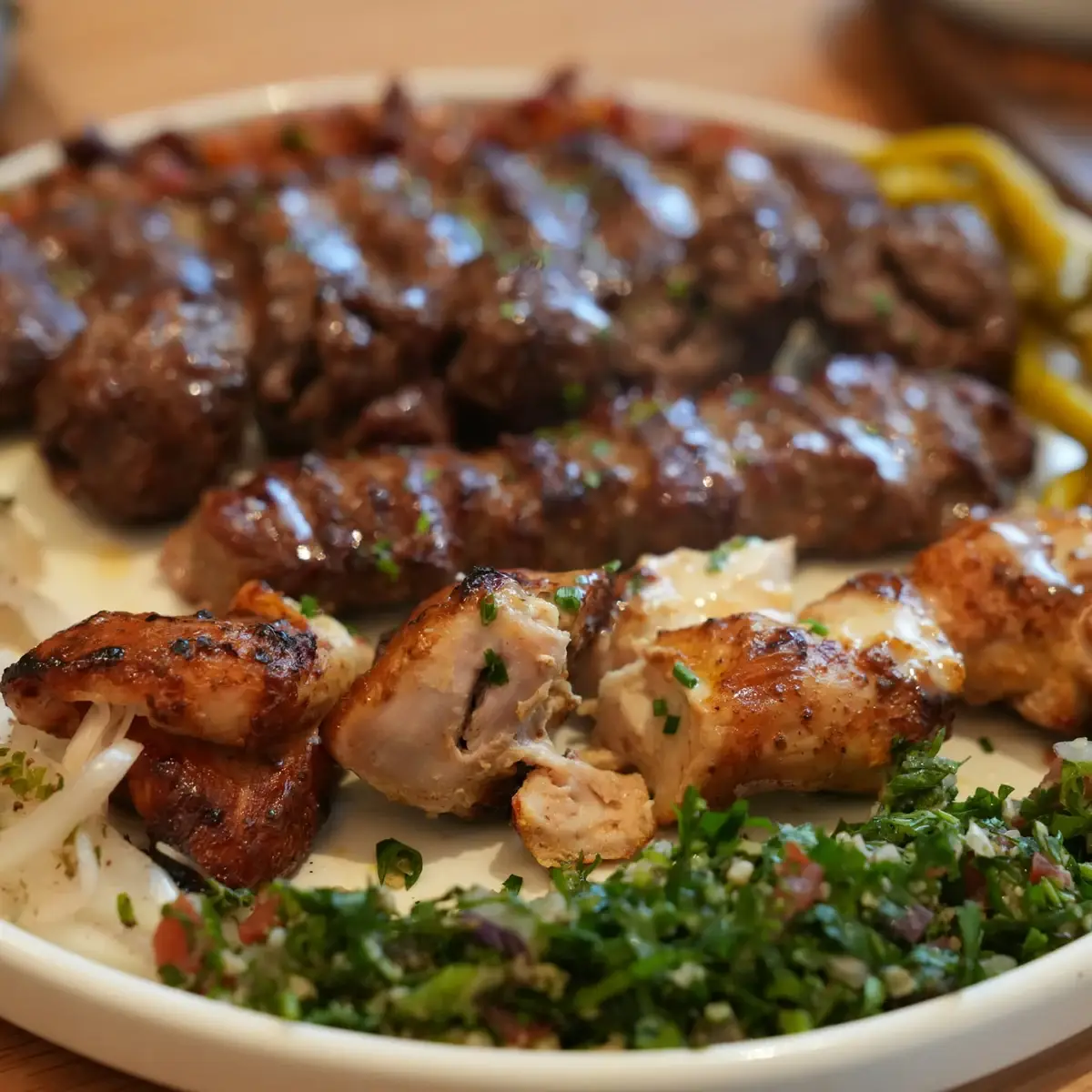 Schotel met gegrilde kebab, kip en tabouleh