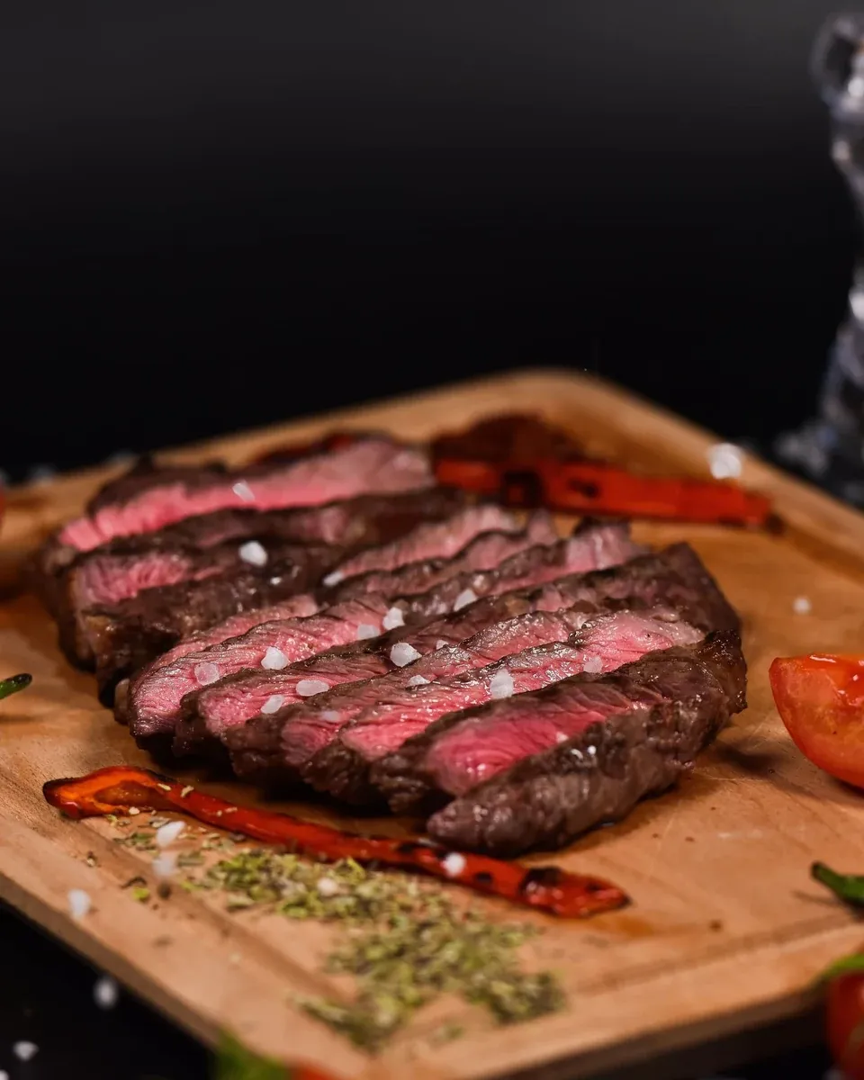 Gesneden rosé gegrilde biefstuk met grof zout, tomaat en groene pepers op een houten plank