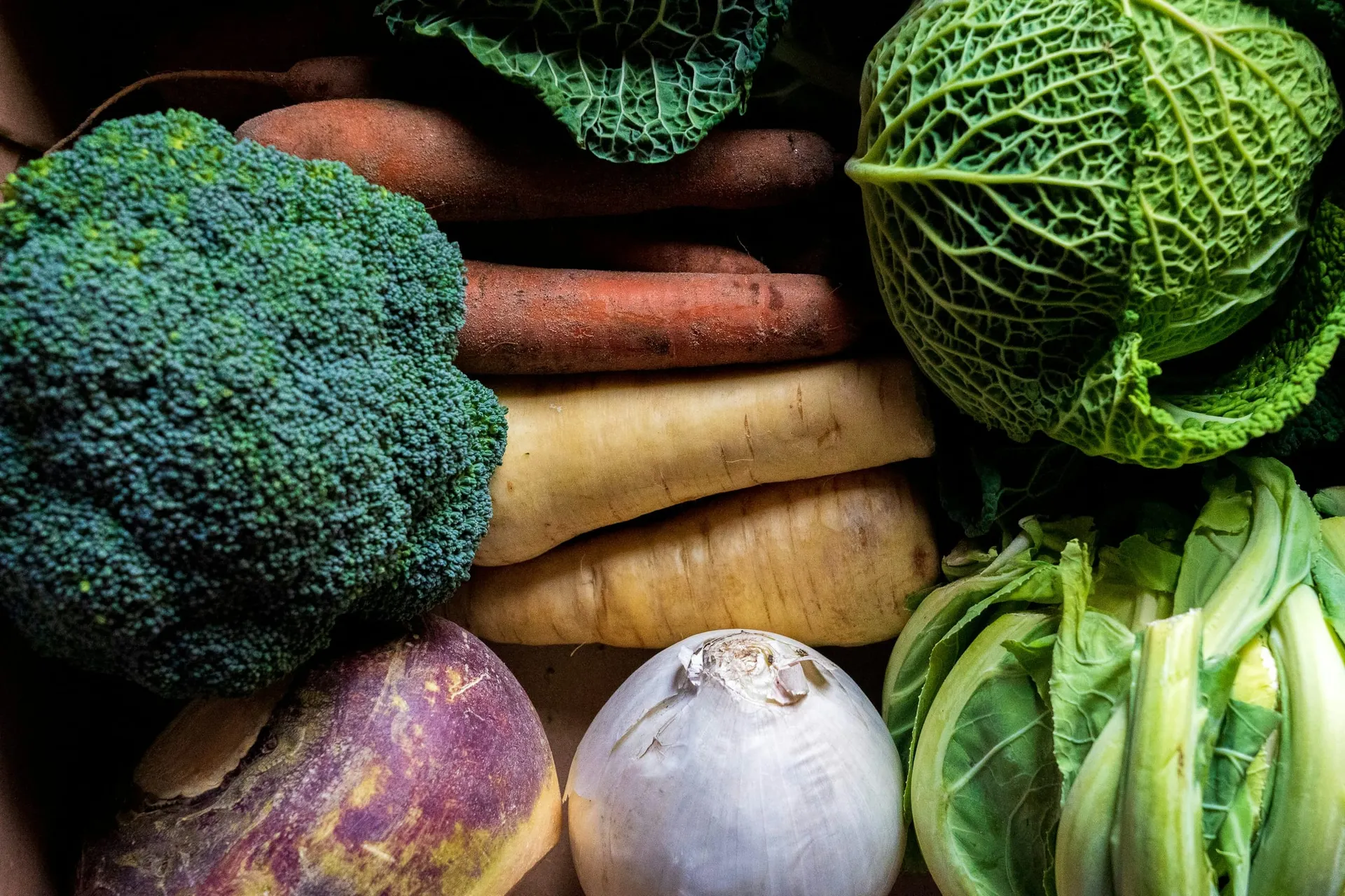Broccoli, wortels, pastinaken, savooikool en andere wintergroente dicht tegen elkaar aan